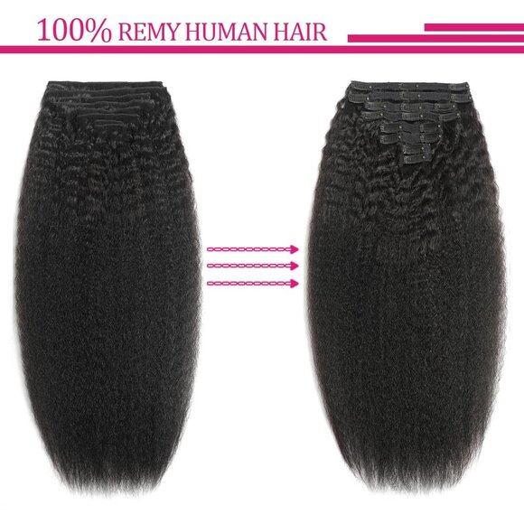 New 8PCS Kinky Straight Clip-in Human Hair Extensions 20" Natural Black Remy - Picture 8 of 9